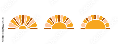Silhouettes of half suns isolated on white background. Wavy sunny rays in semicircle shape. Sunrise or sunset signs. Spring or summer theme print. Positive vibes concept. Vector flat illustration.