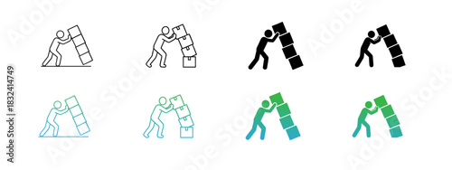 Person Pushing Unstable Stack of Boxes Icon Set