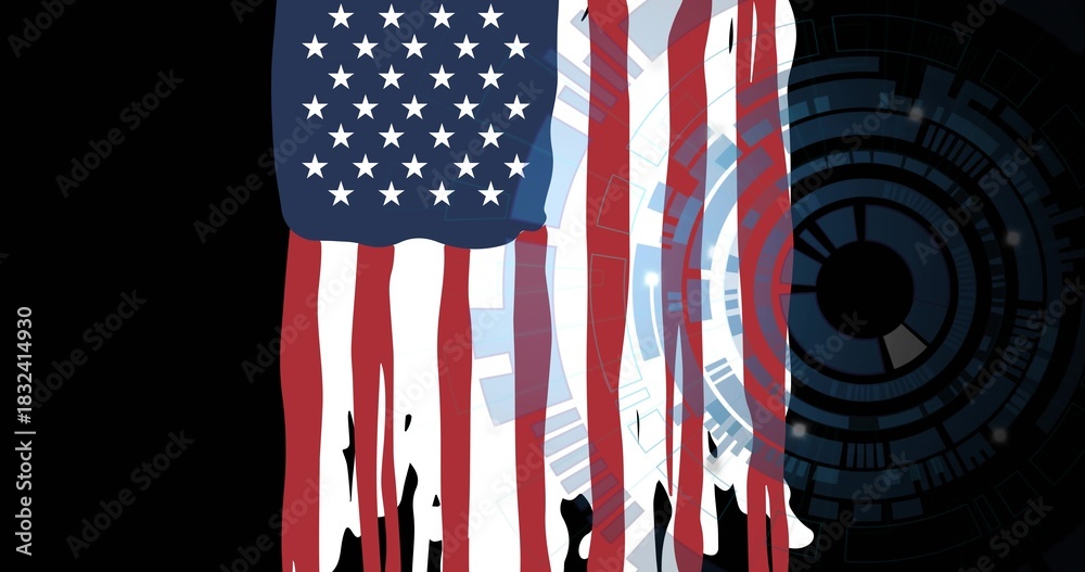 Obraz premium Displaying vertical US flag dripping over HUD rings against black field, with paint drips and bleed