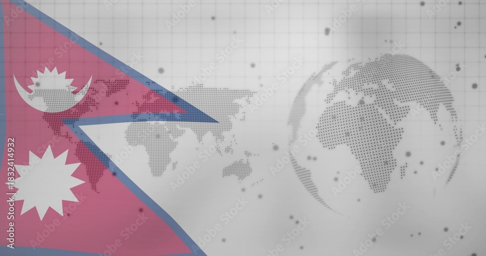 Naklejka premium Displaying Nepal flag dominating left over gray grid, with moon-sun emblems, dotted map, copy space