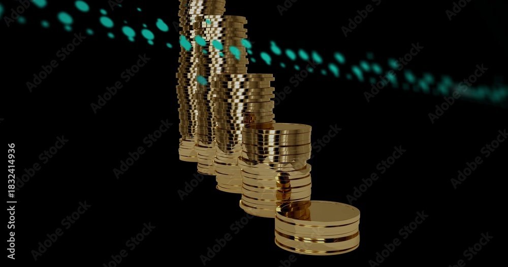 Fototapeta premium Displaying stacked gold coins receding diagonally on glossy black studio surface, teal bokeh