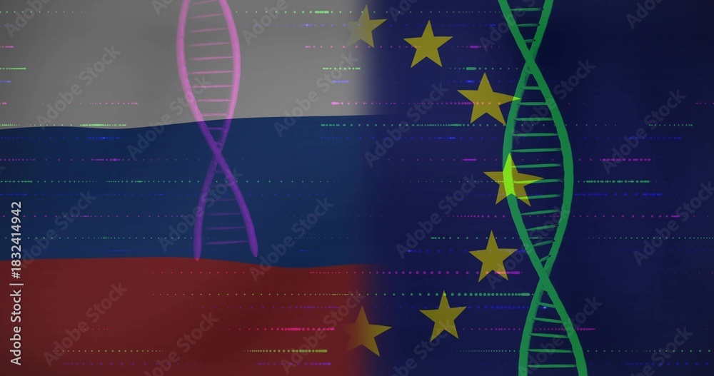 Naklejka premium Displaying split digital composition at center, combining tricolor bands and stars with DNA helices