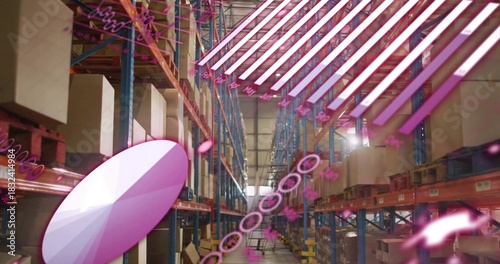 Showing central warehouse aisle featuring magenta holograms with blue pallet racking and boxes