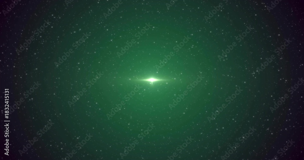 Obraz premium Glowing central green light dominating starfield in outer space, emitting halo and horizontal flare