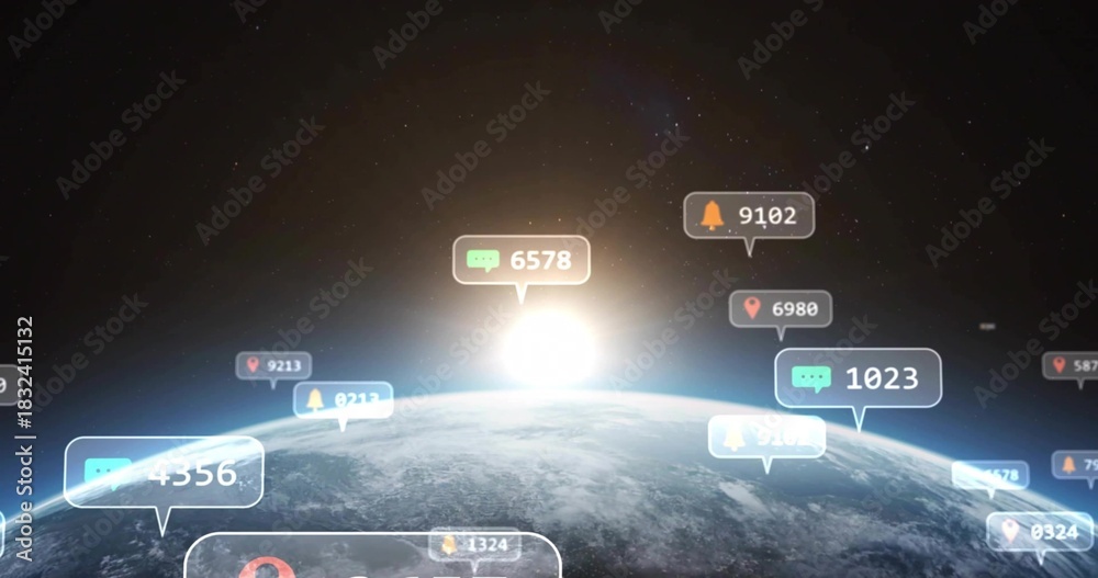 Obraz premium Showing curved Earth horizon glowing at sunrise in low Earth orbit, with UI bubbles showing icons