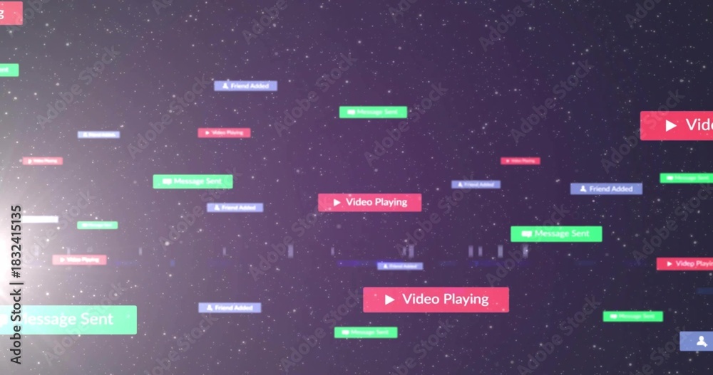 Fototapeta premium Floating label cluster drifting in virtual space, with red play green message blue friend icons