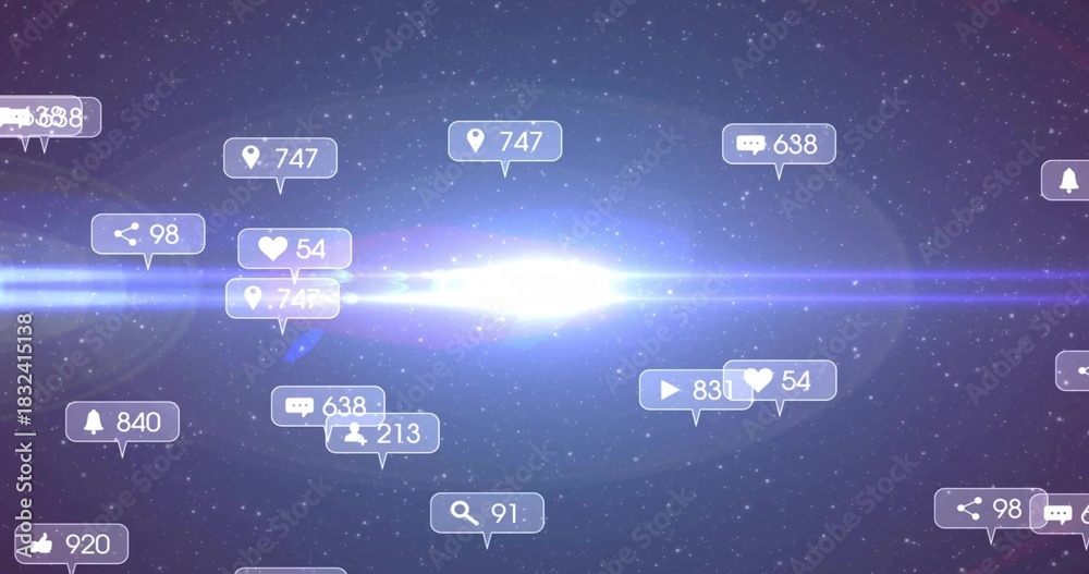 Fototapeta premium Floating cluster of notification icons with numeric badges pulsing across starry space lens flare