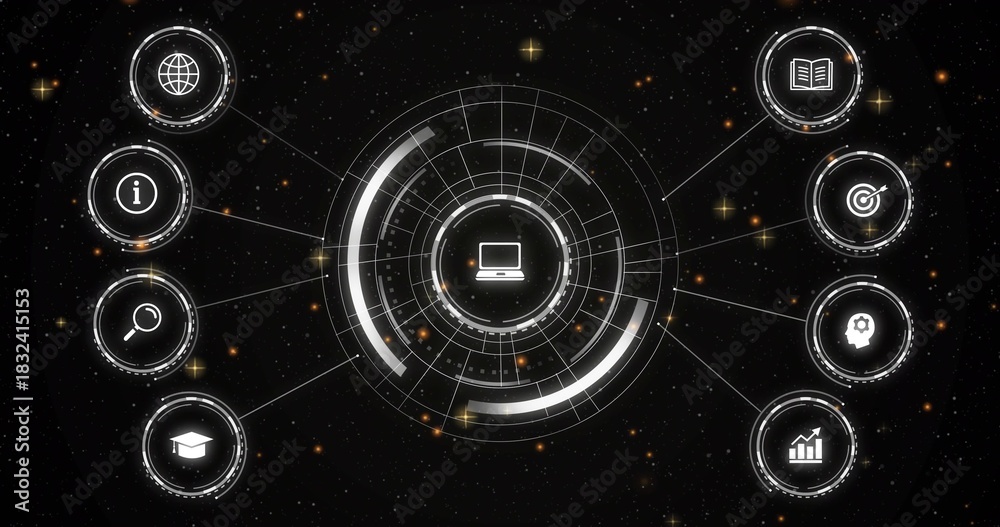 Obraz premium Displaying central multi-ring HUD with laptop icon in dark starfield, showing eight satellite nodes
