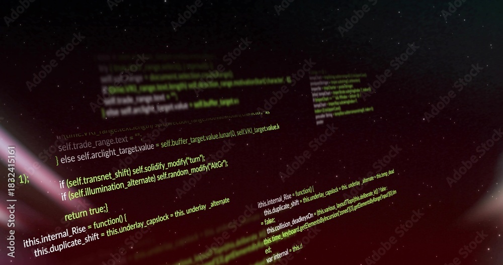 Obraz premium Floating source code panels drifting through 3D space, with green-yellow syntax and lens flares