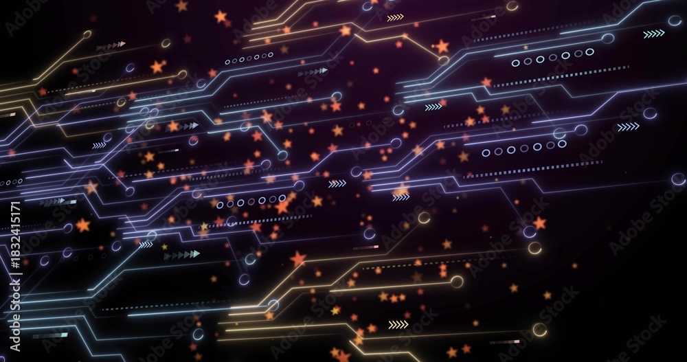 Obraz premium Pulsing neon circuit network tracing paths in dark digital backdrop, showing nodes and orange stars