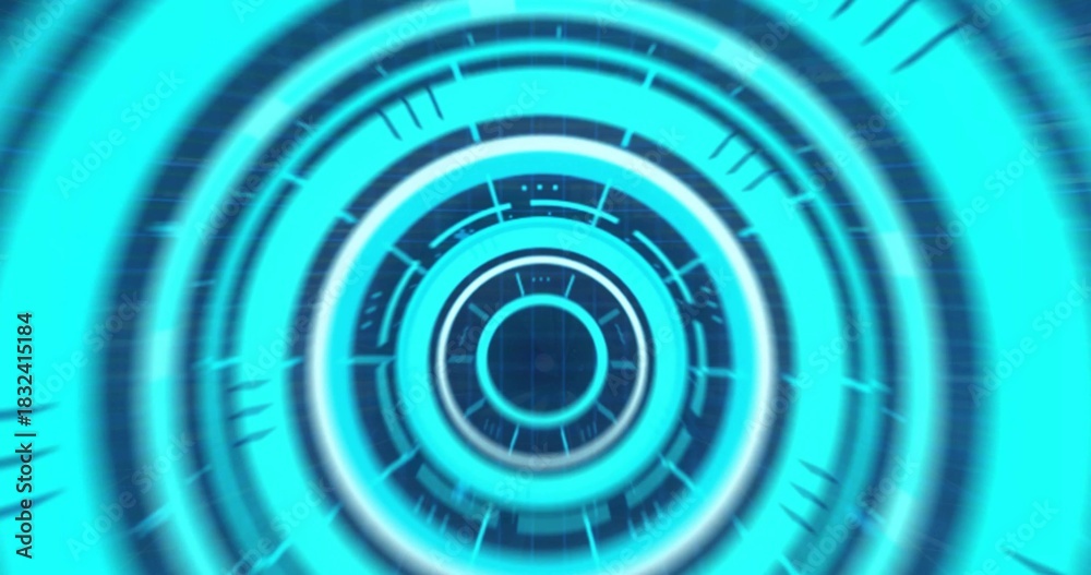 Fototapeta premium Rotating concentric rings forming digital tunnel in virtual HUD, with radial ticks
