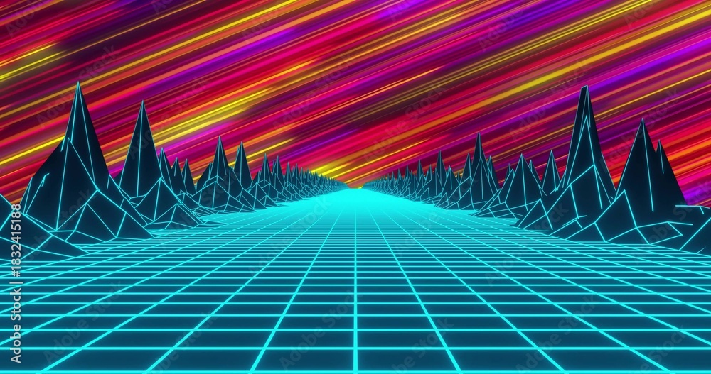 Obraz premium Extending glowing cyan grid plane moving toward vanishing point, neon peaks, streaked magenta sky
