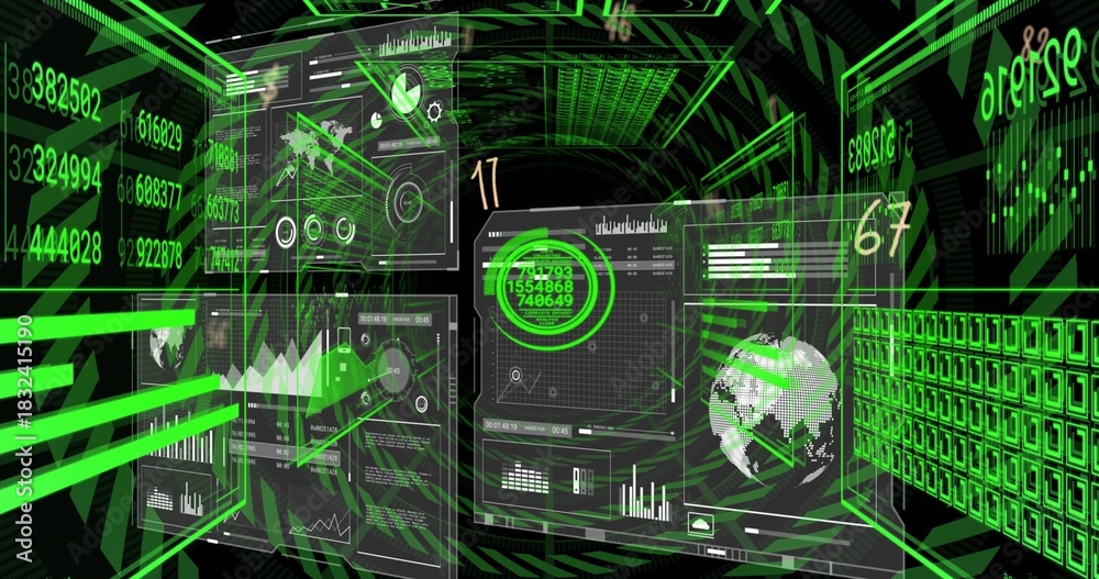 Fototapeta premium Floating central holographic dashboards glowing in virtual corridor, showing circular gauge