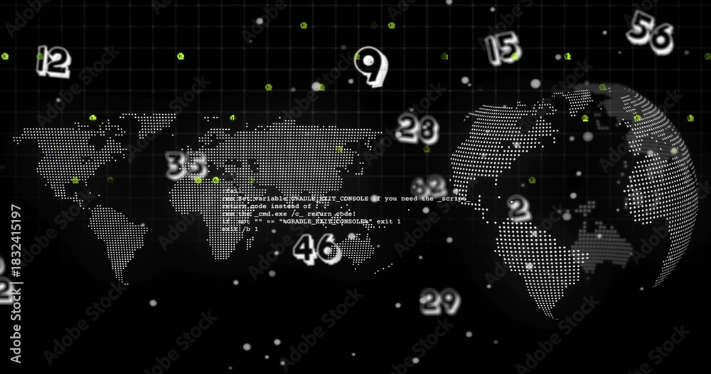Obraz premium Showing dot-map and 3D globe in data dashboard, showing numeric markers, green nodes, code, grid