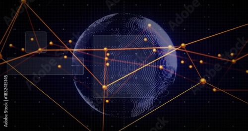 Rotating dotted 3D globe showing orange-gold lines and glowing nodes on dark grid, panels floating