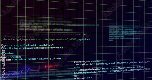 Displaying monitor showing syntax-highlighted code in code editor, green grid overlay, purple glow