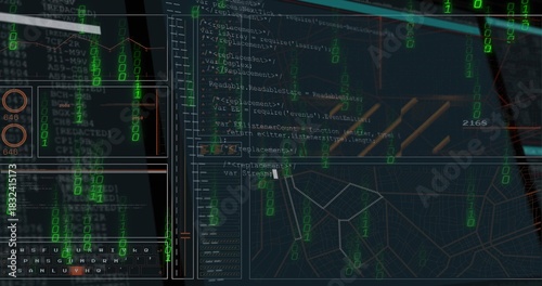 Displaying dark cyber ops interface on monitor, showing code editor, wireframe map, binary digits