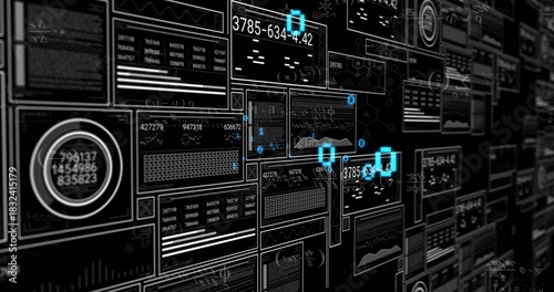 Displaying data panels and line graphs in digital control wall, showing cyan node markers