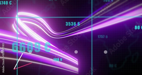Flowing neon ribbons showing data trends on digital dashboard, with gridlines, numerals, markers