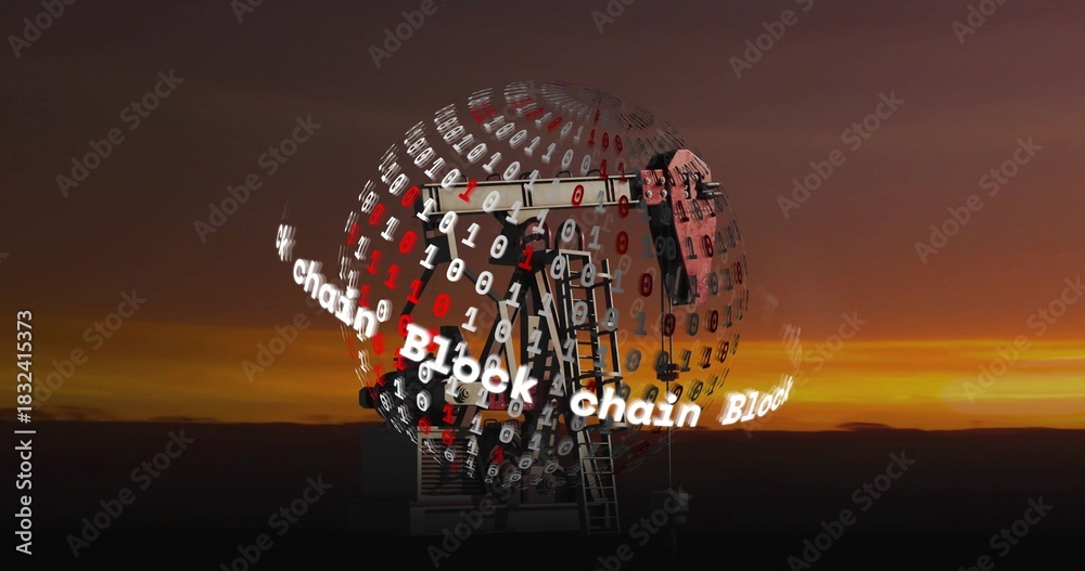 Obraz premium Glowing globe showing binary and scrolling Block chain on metal base with ladder, sunset sky