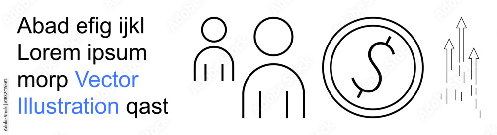 Fototapeta premium Business solutions, team collaboration, economic growth, financial planning, revenue uplift, corporate strategy. Minimal line art showing people, dollar symbol and upward arrows. Business solutions
