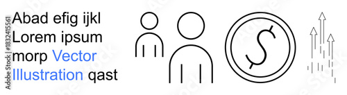 Business solutions, team collaboration, economic growth, financial planning, revenue uplift, corporate strategy. Minimal line art showing people, dollar symbol and upward arrows. Business solutions
