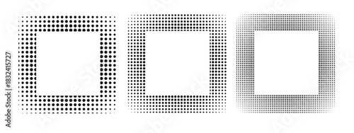 Set of square frames with halftone texture. Quadrangular shapes with dotted, noisy or grainy borders isolated on white background. Decorative design elements. Vector graphic illustration.