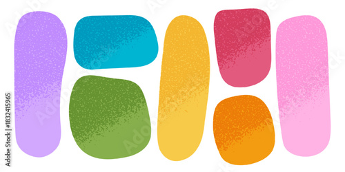 Set of cute organic shapes with grainy texture. Tags, labels or quote bubbles templates isolated on white background. Asymmetric geometric forms in doodle style. Vector flat illustration.