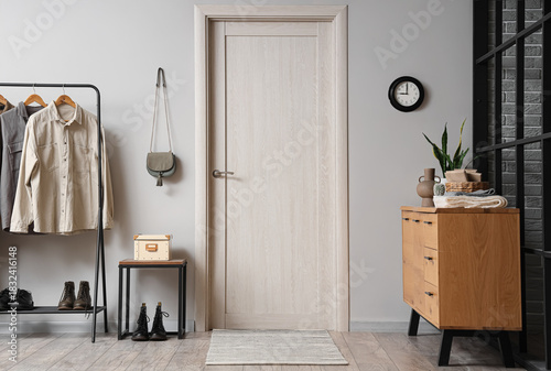 Interior of modern hall with beige door, chest of drawers and rack with cloth...