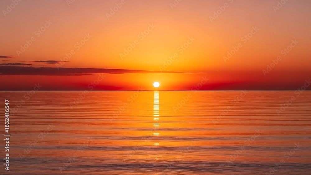 Obraz premium Golden sun setting over a tranquil ocean, painting the horizon with a whisk of fiery colors