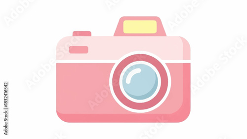 A cute pink cartoon camera icon with a blue lens, perfect for photography or travel-related designs