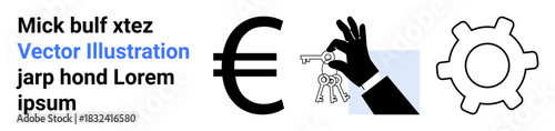 Finance, security, industry, economy, automation, technology. Euro symbol, hand holding keys gear icon in a minimal style. Finance and security concepts tied to economy and automation