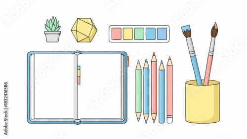 Creative Workspace Sketchbook, Pencils, and Artistic Tools Illustration