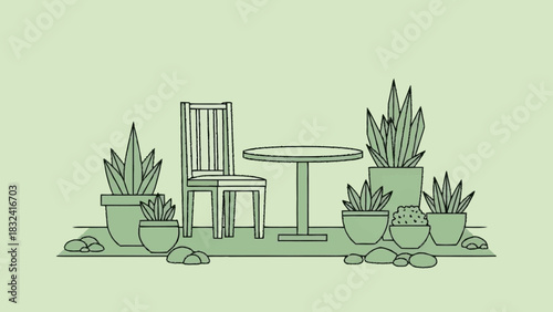 Minimalist outdoor patio scene with potted plants and garden furniture, illustrating a calm and inviting natural green space for relaxation