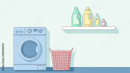 Bright and organized domestic laundry room with a modern washing machine, basket, and cleaning supplies on a shelf, a flat vector illustration concept