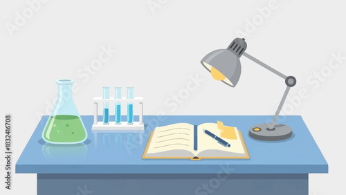 Vibrant illustration of a dedicated study desk equipped with scientific glassware, an open notebook, and a warm desk lamp, symbolizing discovery and learning