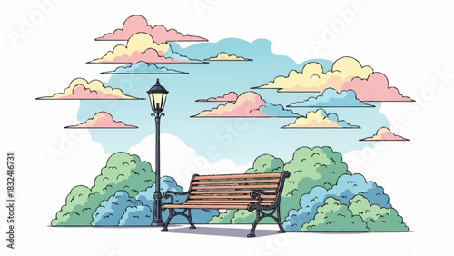 A tranquil park scene illustration with a rustic wooden bench, classic lamppost, lush green bushes, and soft pastel clouds in a serene sky, perfect for relaxation