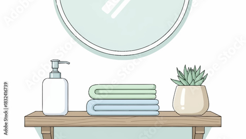 Elegant Bathroom Decor Towels, Soap Dispenser, and Plant Under a Circular Mirror