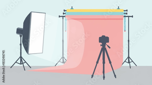 Photography Studio Setup with Camera, Backdrop, and Lighting Illustration