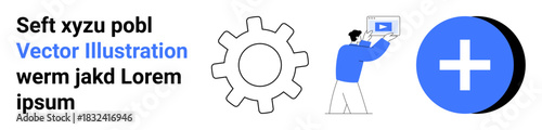 Person holding tablet with video in action. Accompanied by a gear symbol and a plus sign. Ideal for education, training, innovation, productivity, growth, user experience, simple landing page
