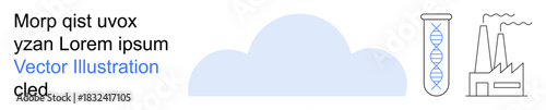 Cloud computing, scientific research, biotechnology, industrial automation, data storage, sustainability. Minimalistic icons of a cloud, DNA helix in a test tube, and industrial factory symbols