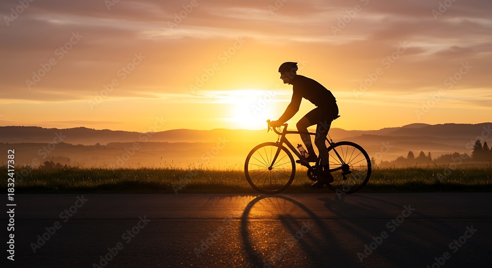 Obraz premium Cyclist silhouette against vibrant sunset sky on a road at dusk