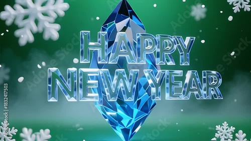 Happy New Year greeting with a blue crystal festive holiday celebration and a winter background