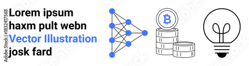 Blockchain, AI innovation, cryptocurrency trading, business technology, fintech, digital solutions. Bitcoin coins, neural network diagram light bulb. Blockchain and AI innovation concept