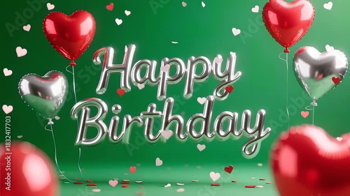 Festive happy birthday celebration with silver foil balloon letters heart shaped balloons and confetti against a green background perfect for greeting cards and social media posts