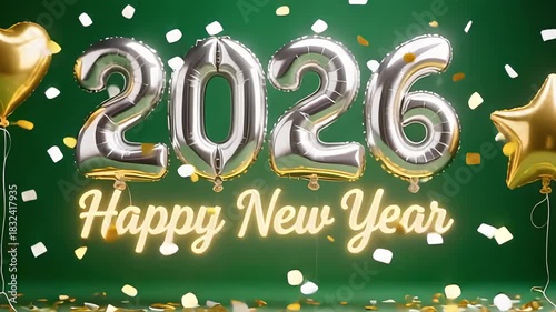 Festive 2026 New Years Eve celebration with silver number balloons gold star balloons and confetti on a green background perfect for holiday greetings