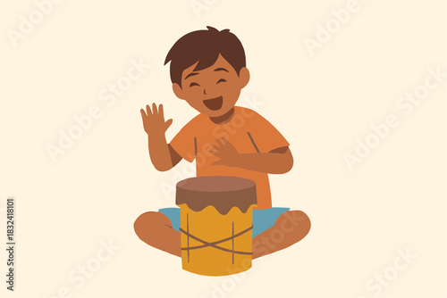 Street Children Playing Drum Vector