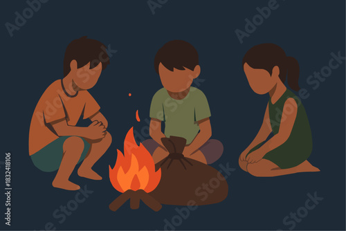 Street Children Warming by Fire Vector