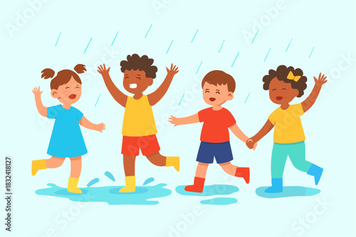Street Children Playing in Rain Vector