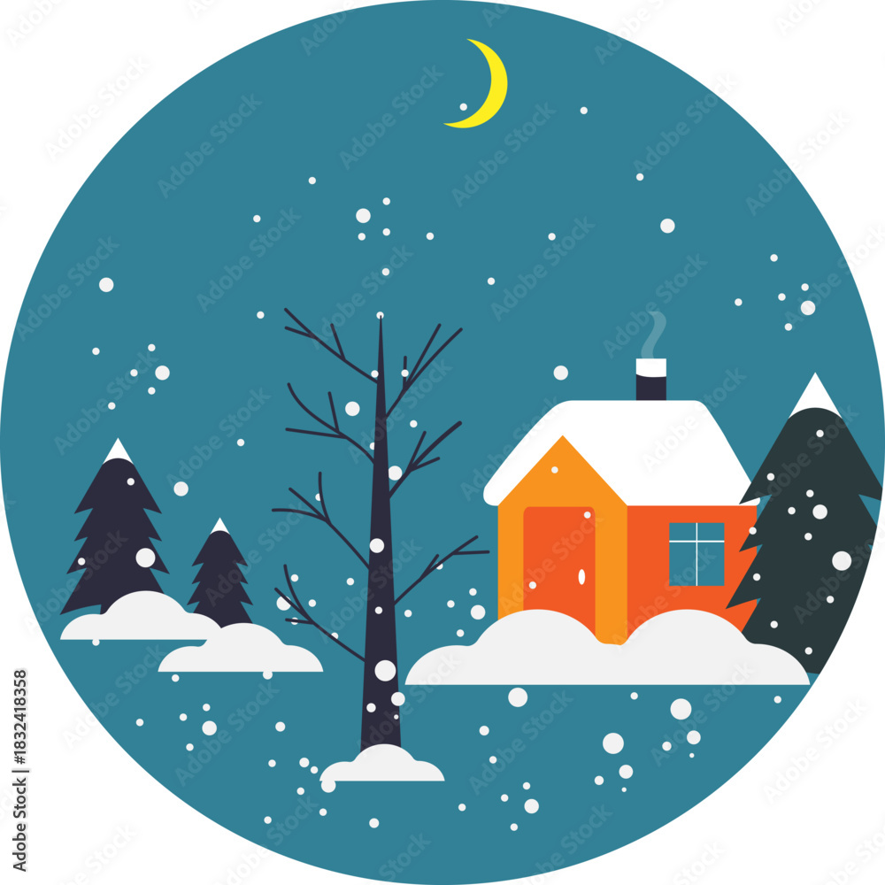 Naklejka premium A cozy winter landscape illustration with a small snowy house, pine trees, falling snow, and a crescent moon. Flat vector design perfect for holiday cards,winter backgrounds,winter posters, stickers. 
